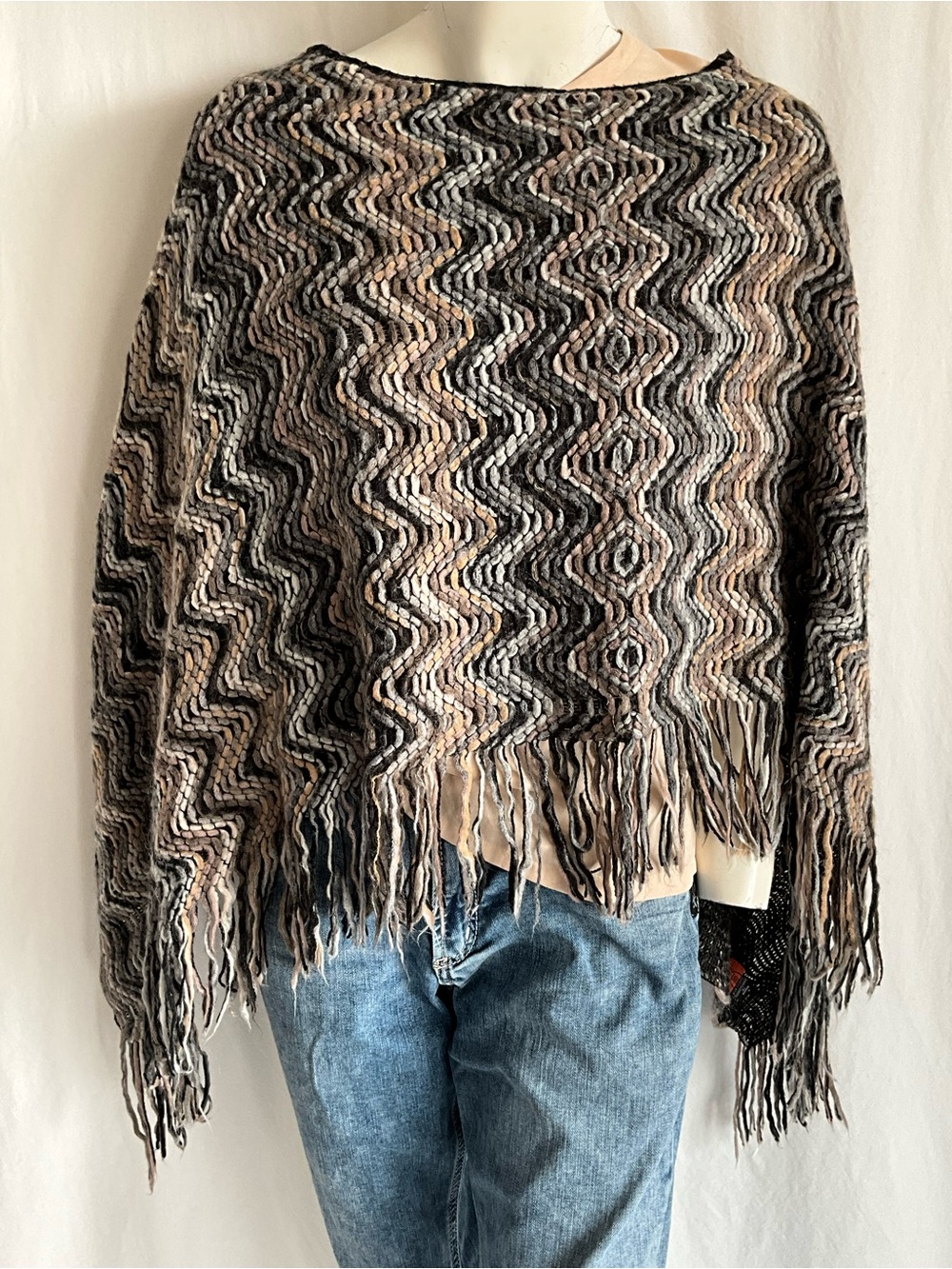 Missoni Italy Mohair Blend Zigzag Fringe Poncho Cape Shawl One Size
